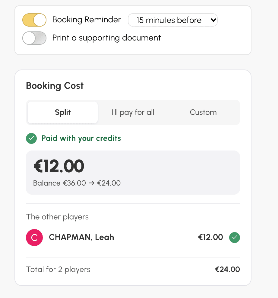 Form on computer: Booking reminder option and Booking cost box, with the amount paid, the balance and the other players
