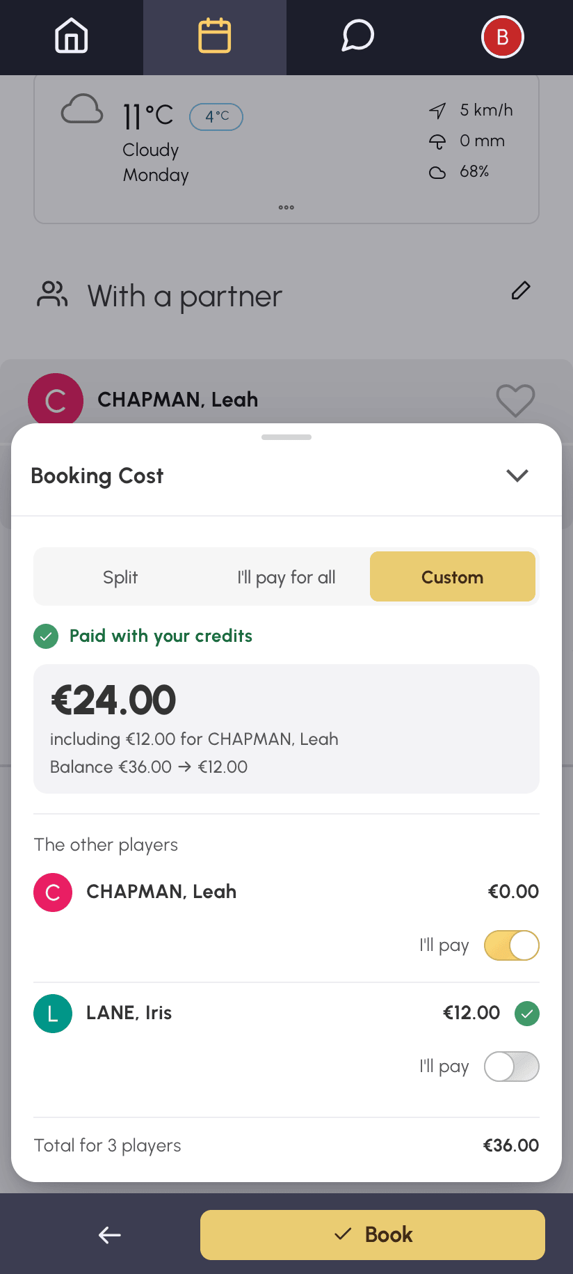 Custom option on mobile: I pay turned on under Léa, Inès pays for her place