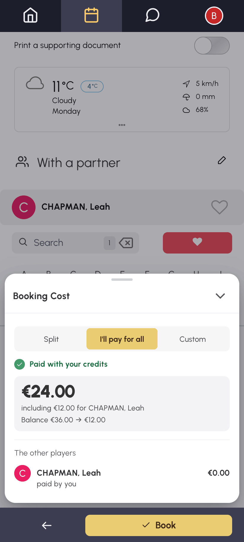 Cost box on mobile with I pay for everything: Nicolas's amount includes Léa's place