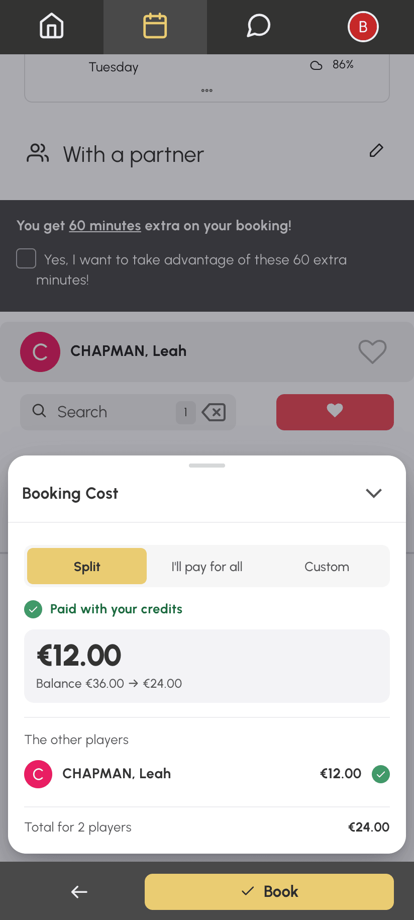 Expanded cost details on mobile: amount paid, balance before and after, partner and total