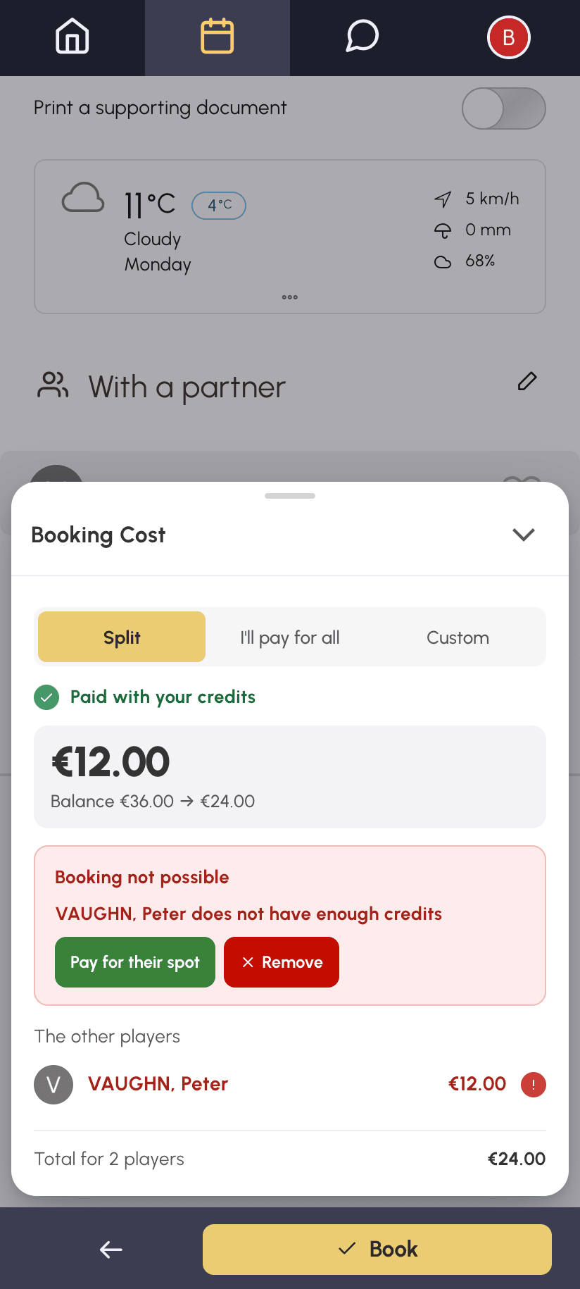 Partner without credits on mobile: Pay for their place and Remove buttons