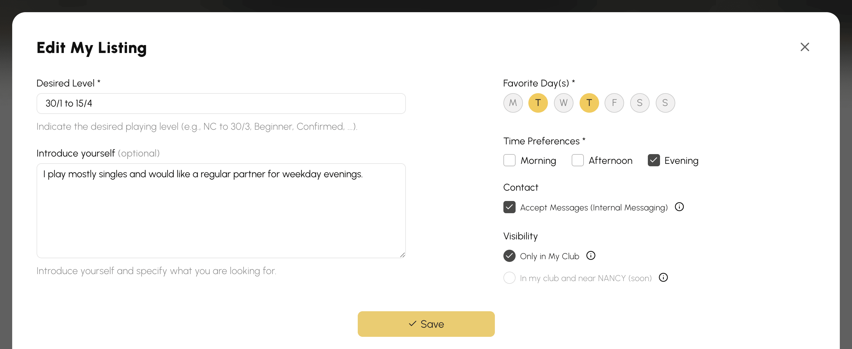 Form for a find a partner advert