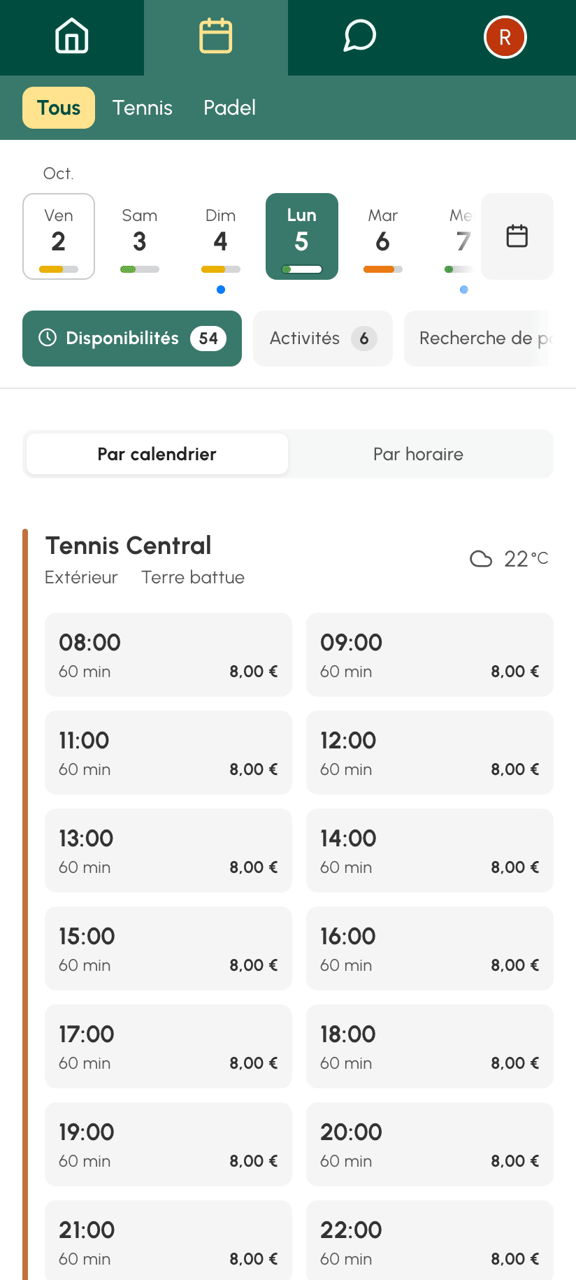 Vue Disponibilités sur téléphone