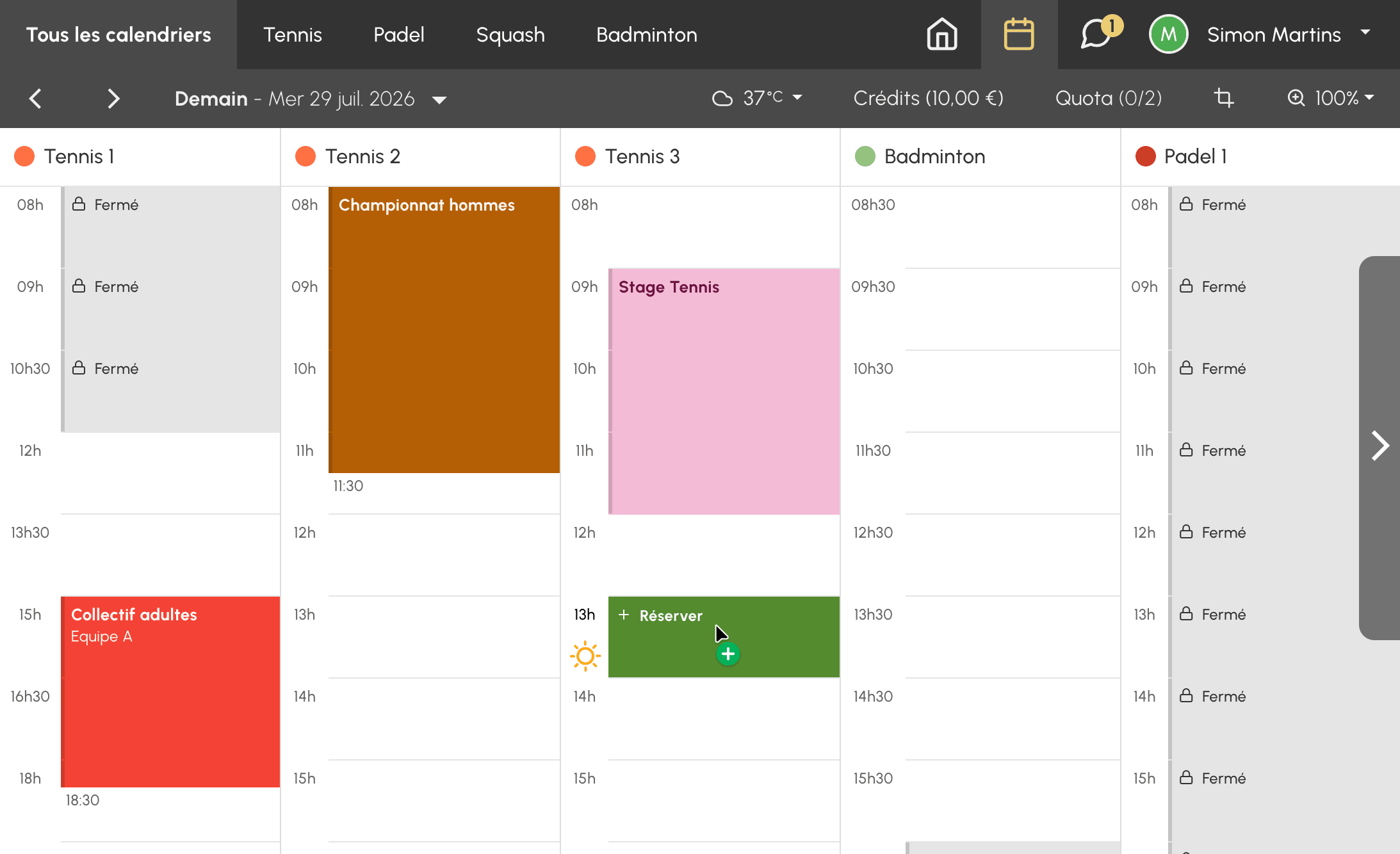 Vue des calendriers par jour