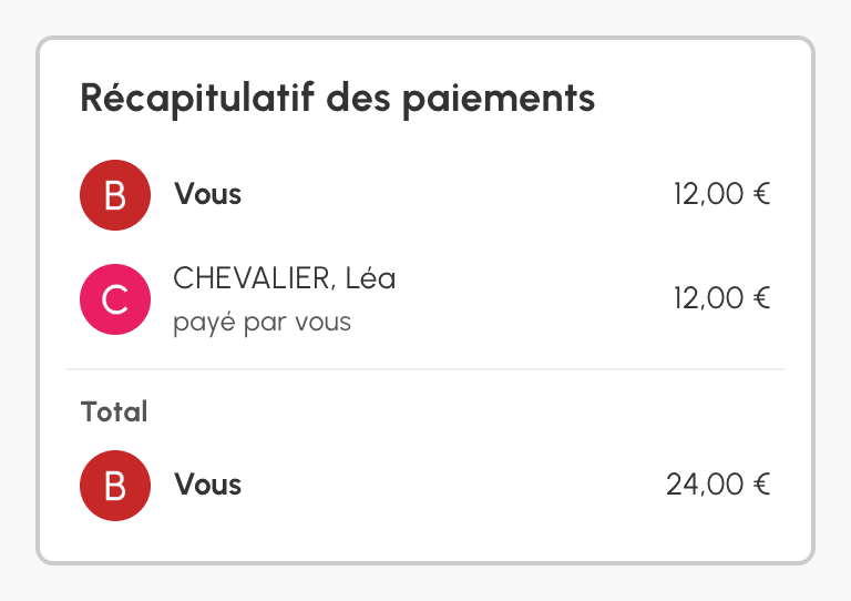 Récapitulatif des paiements d'une réservation dont une place a été offerte par un autre joueur