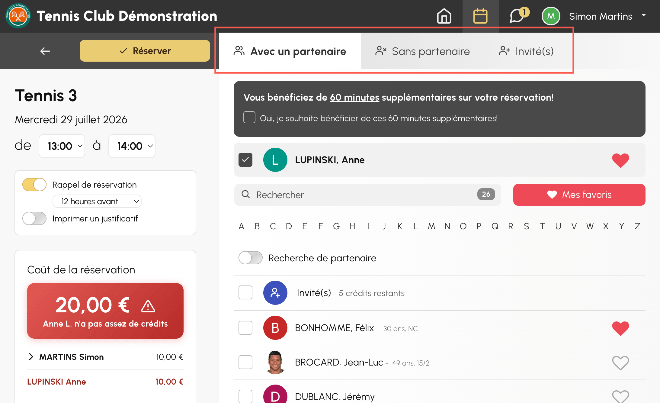Formulaire de réservation avec le choix des partenaires