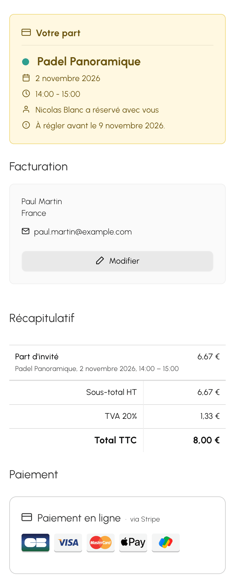 Page de paiement de l'invité sur téléphone : réservation de Nicolas, part de Paul et bouton de paiement