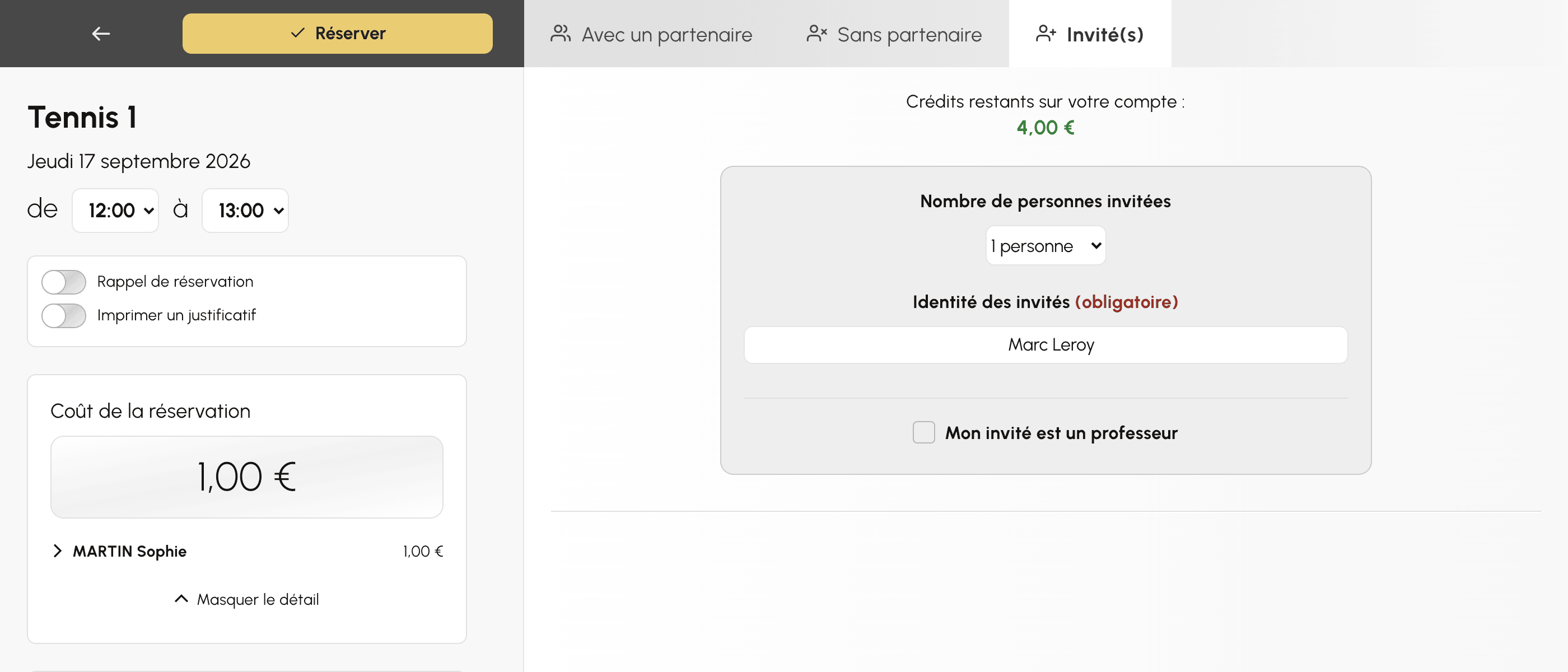 Onglet des invités du formulaire de réservation : nombre d'invités, identité et coût