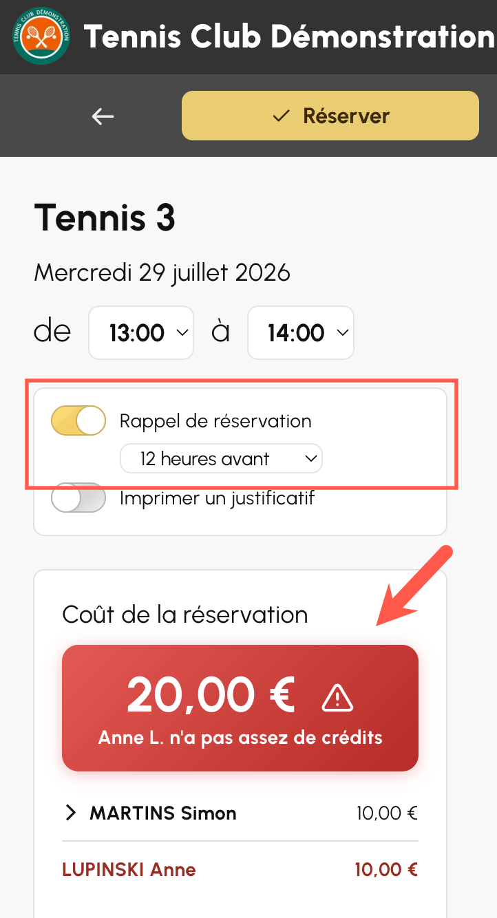 Rappels de réservation et coût