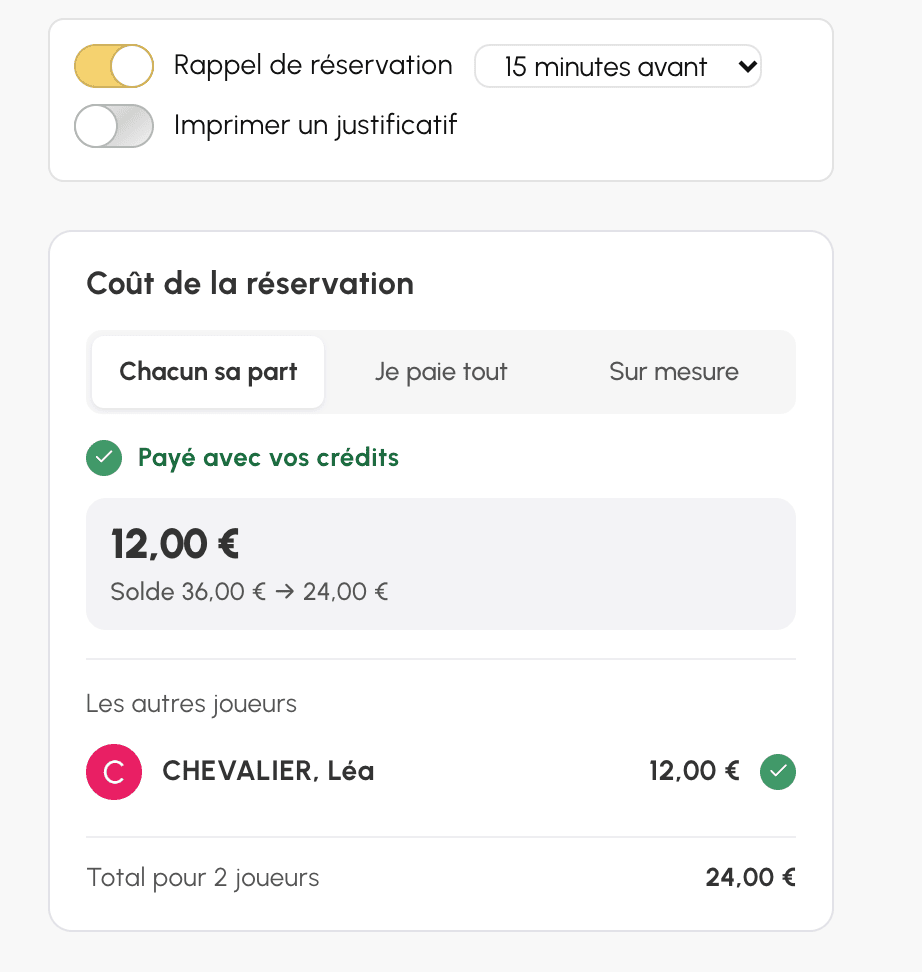 Formulaire sur ordinateur : option Rappel de réservation et encadré Coût de la réservation, avec le montant payé, le solde et les autres joueurs
