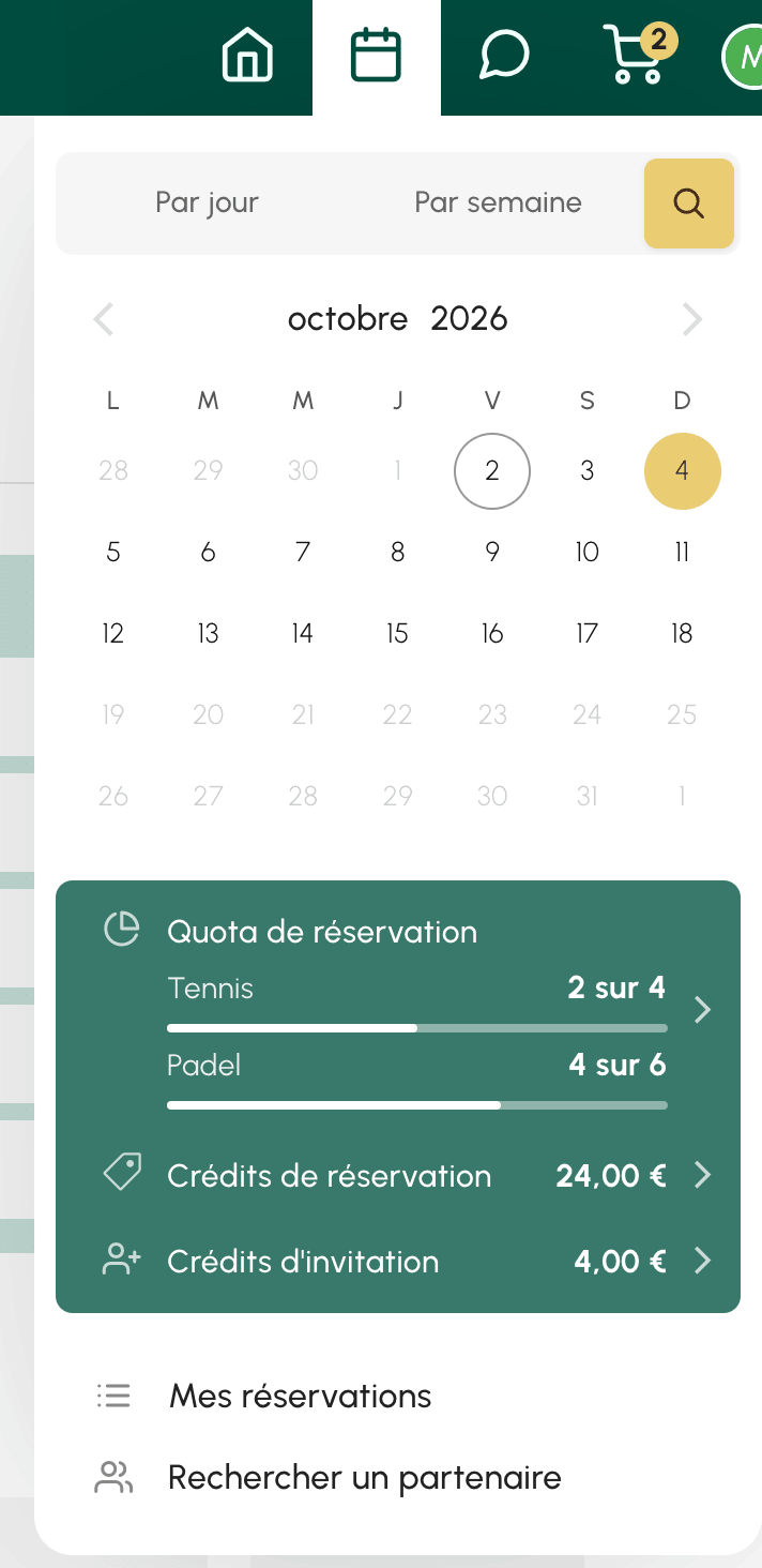 Menu de réservation