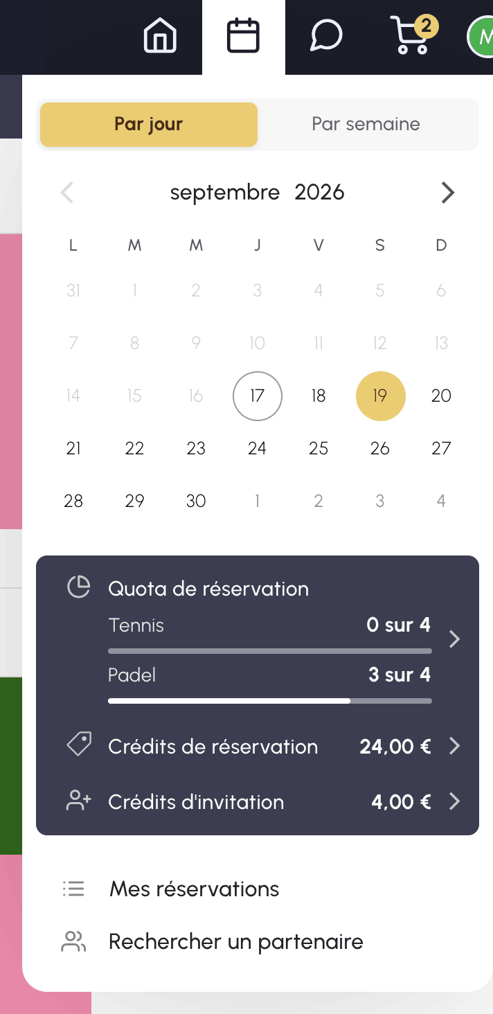 Menu de réservation
