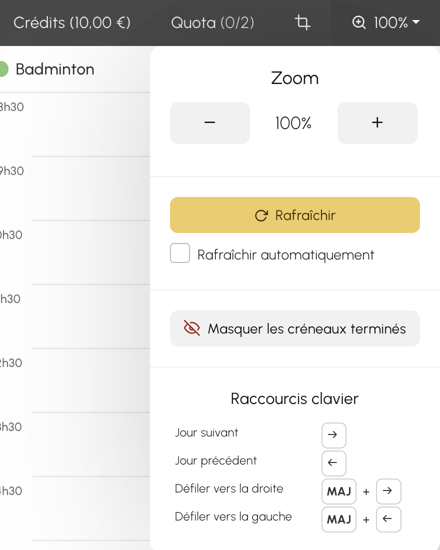 Menu de zoom