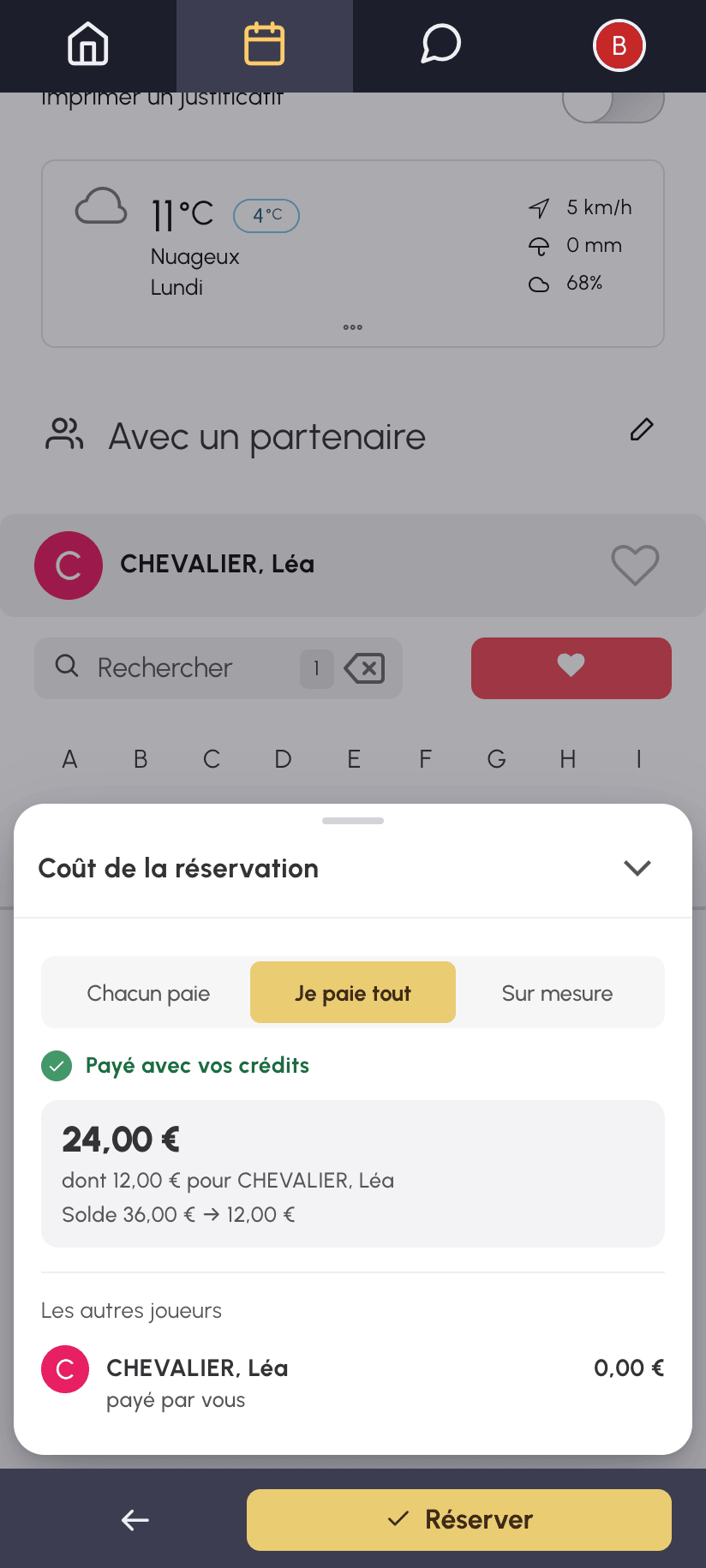 Encadré du coût sur mobile avec Je paie tout : le montant de Nicolas comprend la place de Léa