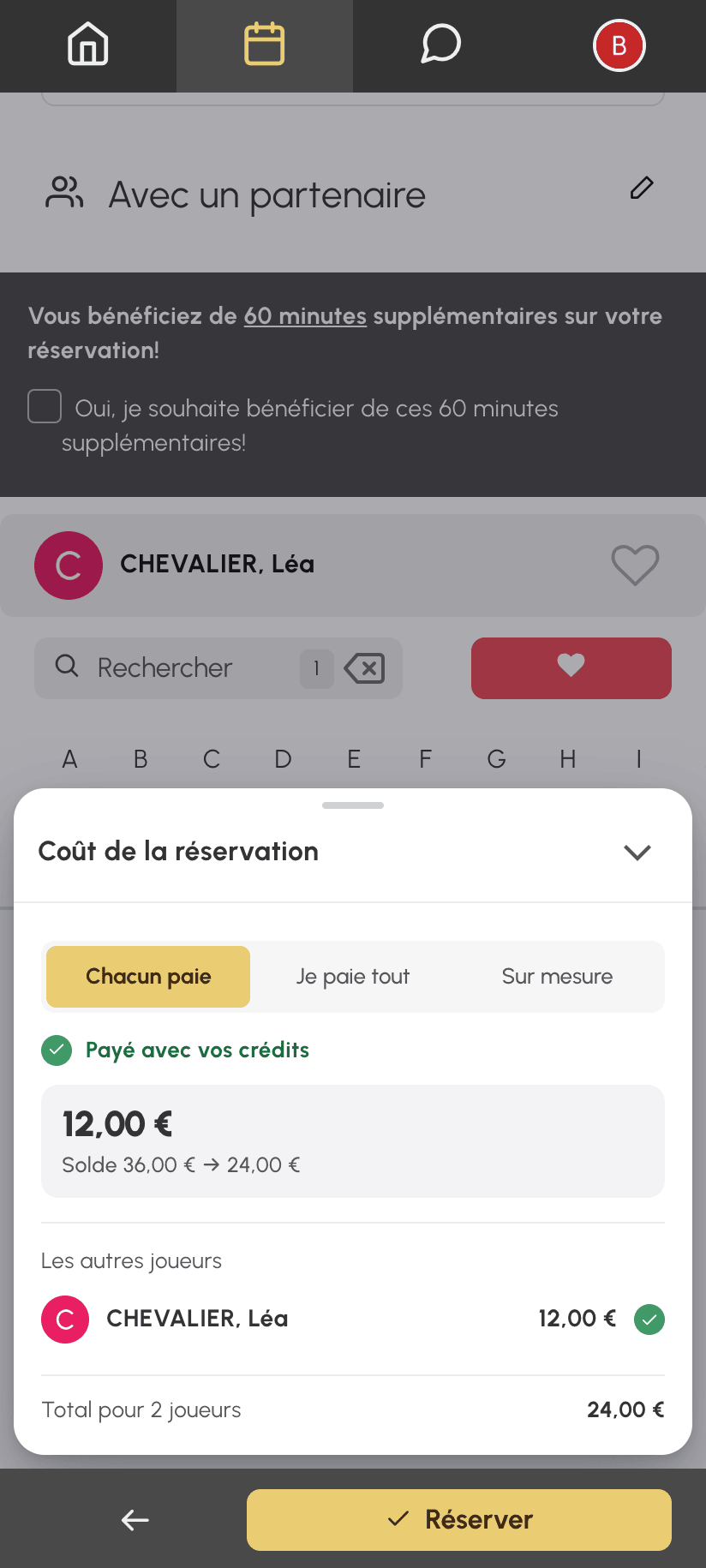 Détail du coût déplié sur mobile : montant payé, solde avant et après, partenaire et total