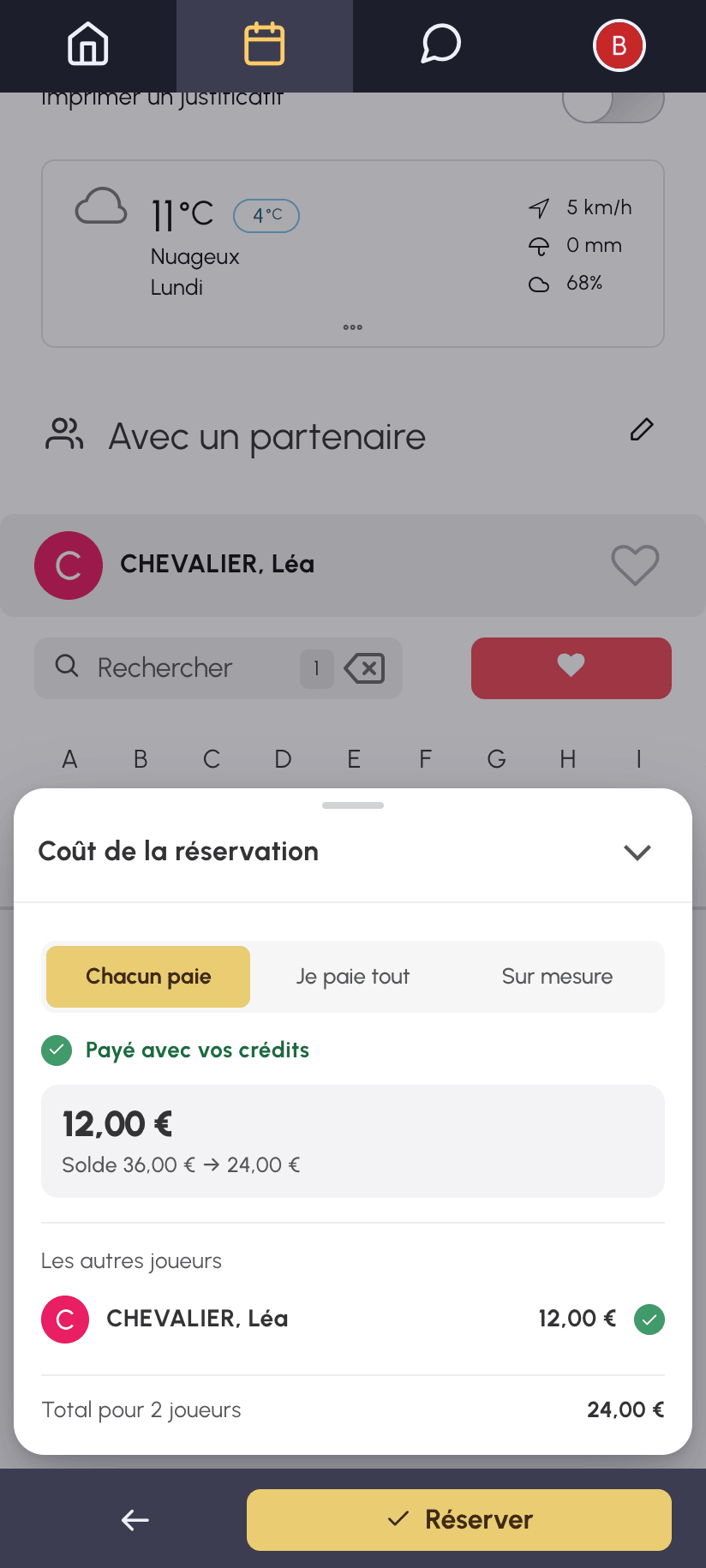 Détail du coût déplié sur mobile : montant payé, solde avant et après, partenaire et total