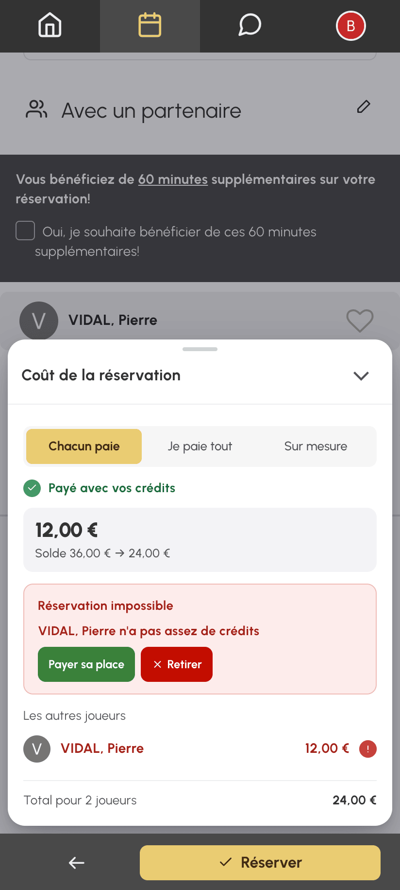 Partenaire sans crédits sur mobile : boutons Payer sa place et Retirer