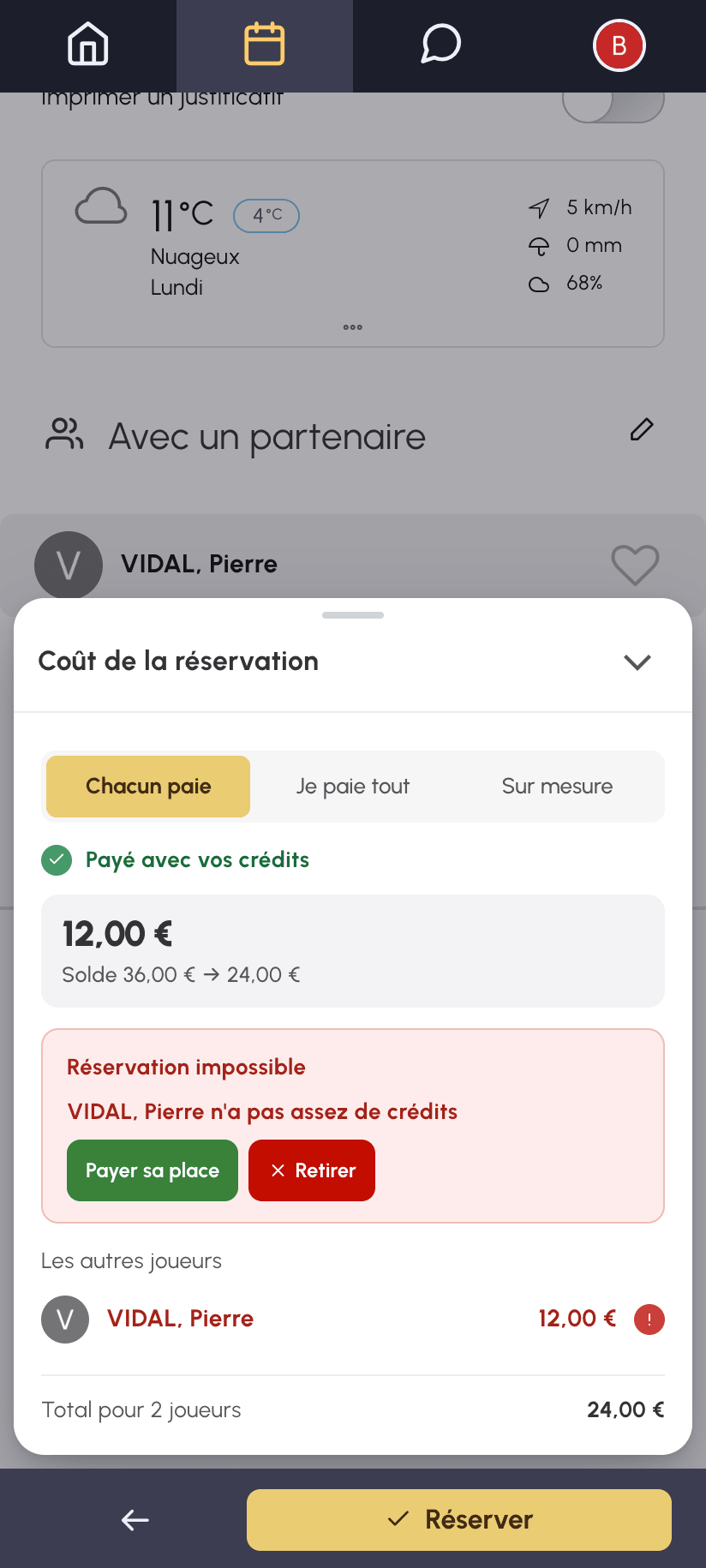 Partenaire sans crédits sur mobile : boutons Payer sa place et Retirer