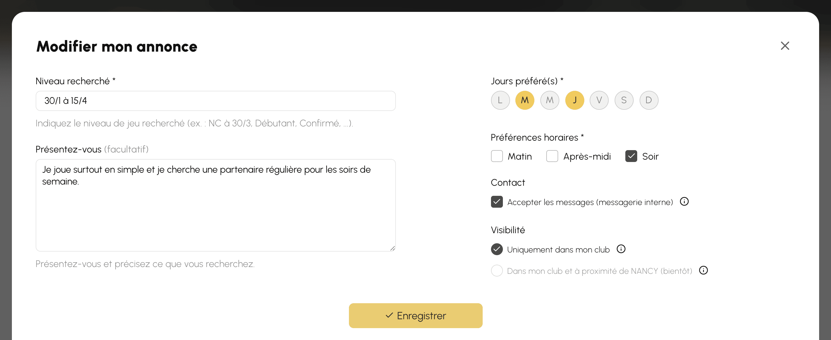 Formulaire d'une annonce de recherche de partenaire