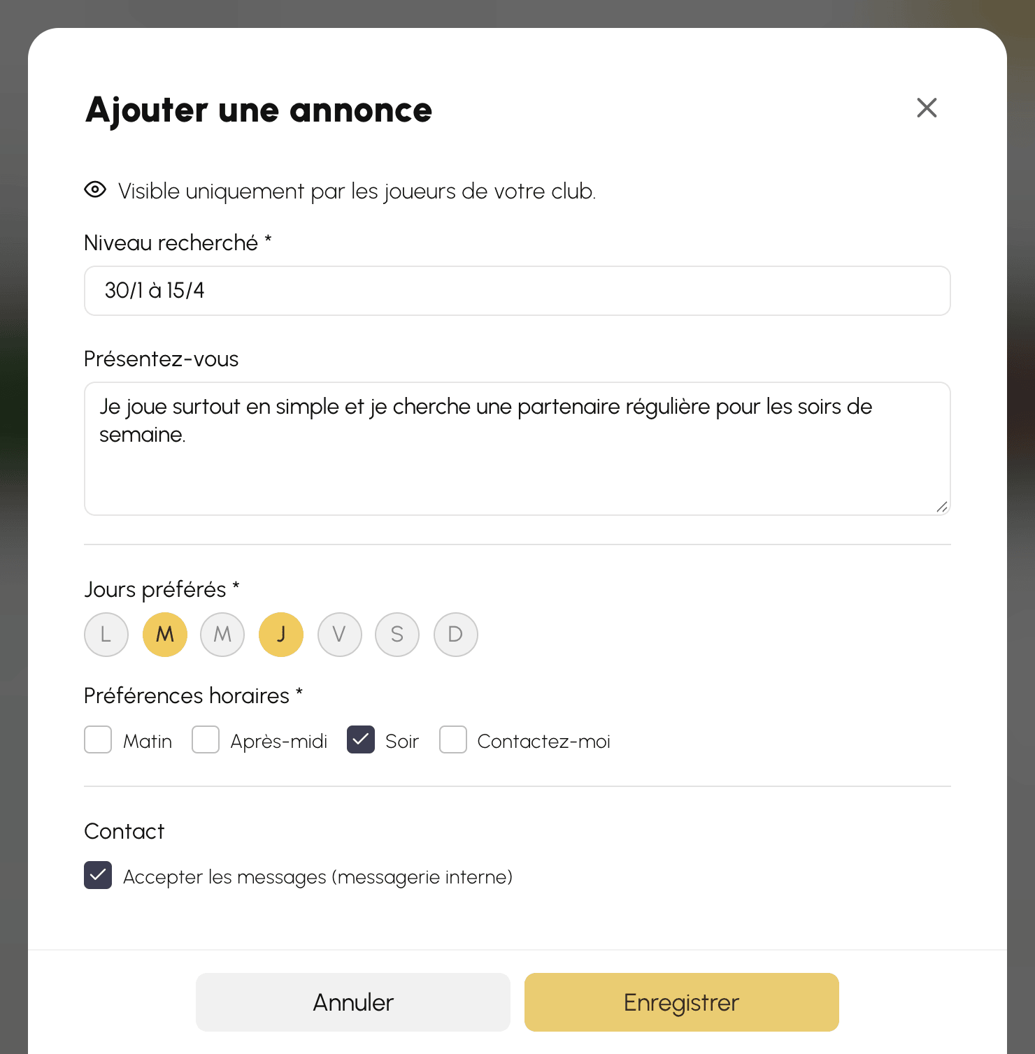 Formulaire d'une annonce de recherche de partenaire