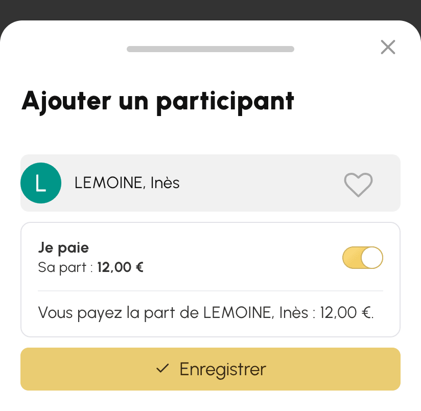 Fenêtre d'ajout d'un participant sur mobile : Inès choisie, interrupteur Je paie activé et crédits débités à Nicolas