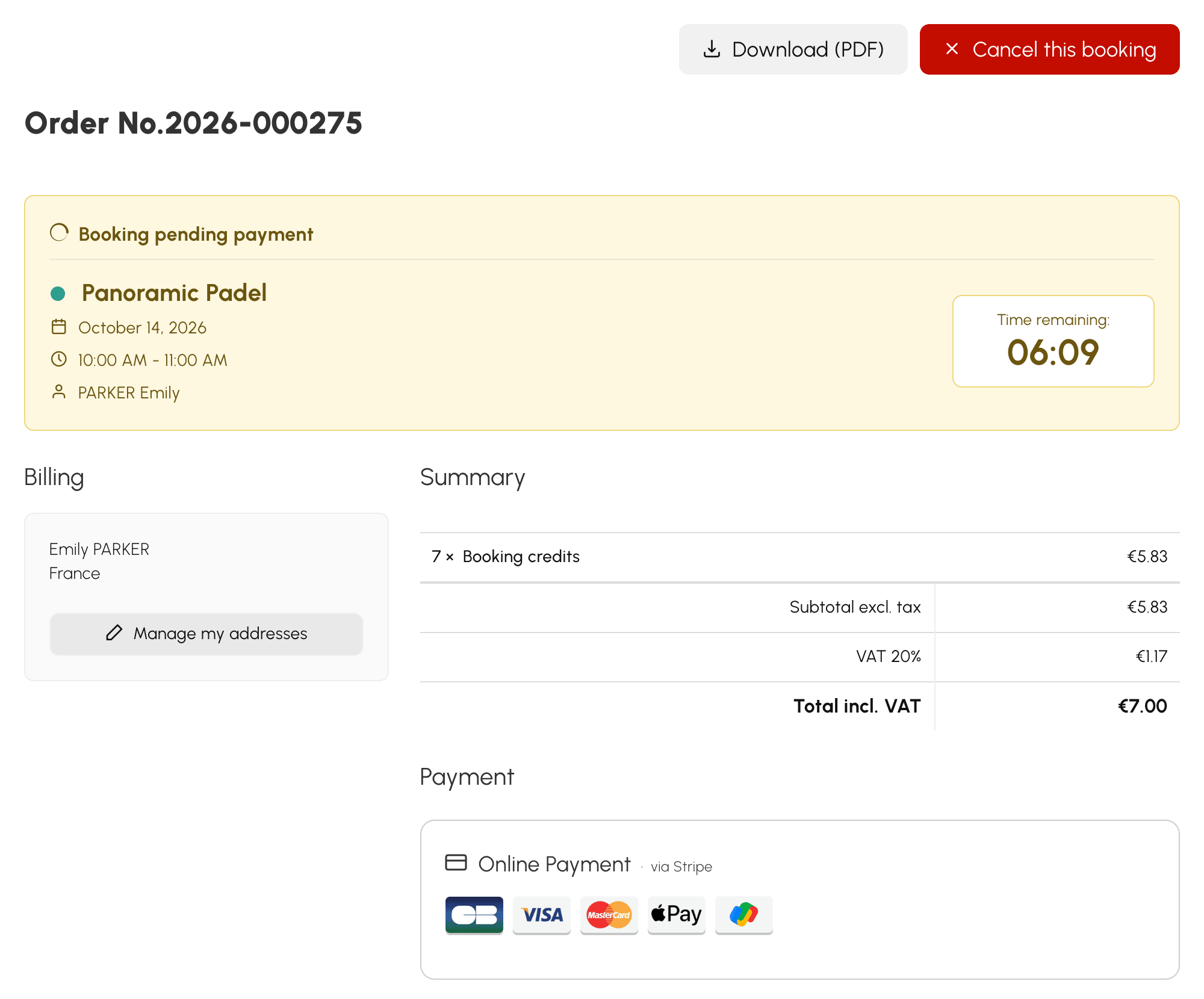 Payment page for a booking awaiting payment: slot held, deadline and amount to pay