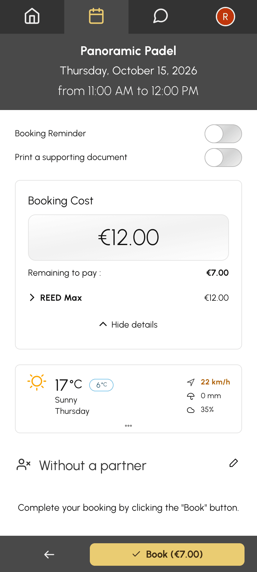Booking form: amount left to pay in the booking cost and Book button showing the amount to pay