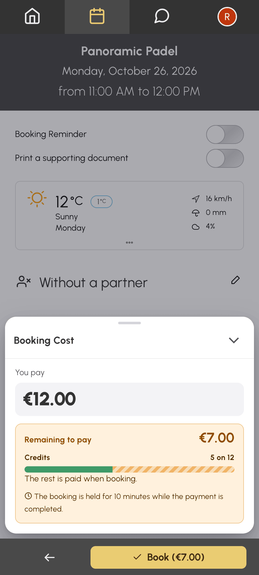 Expanded cost details on mobile: €7 left to pay, share covered by the balance, and Book button showing the amount to pay