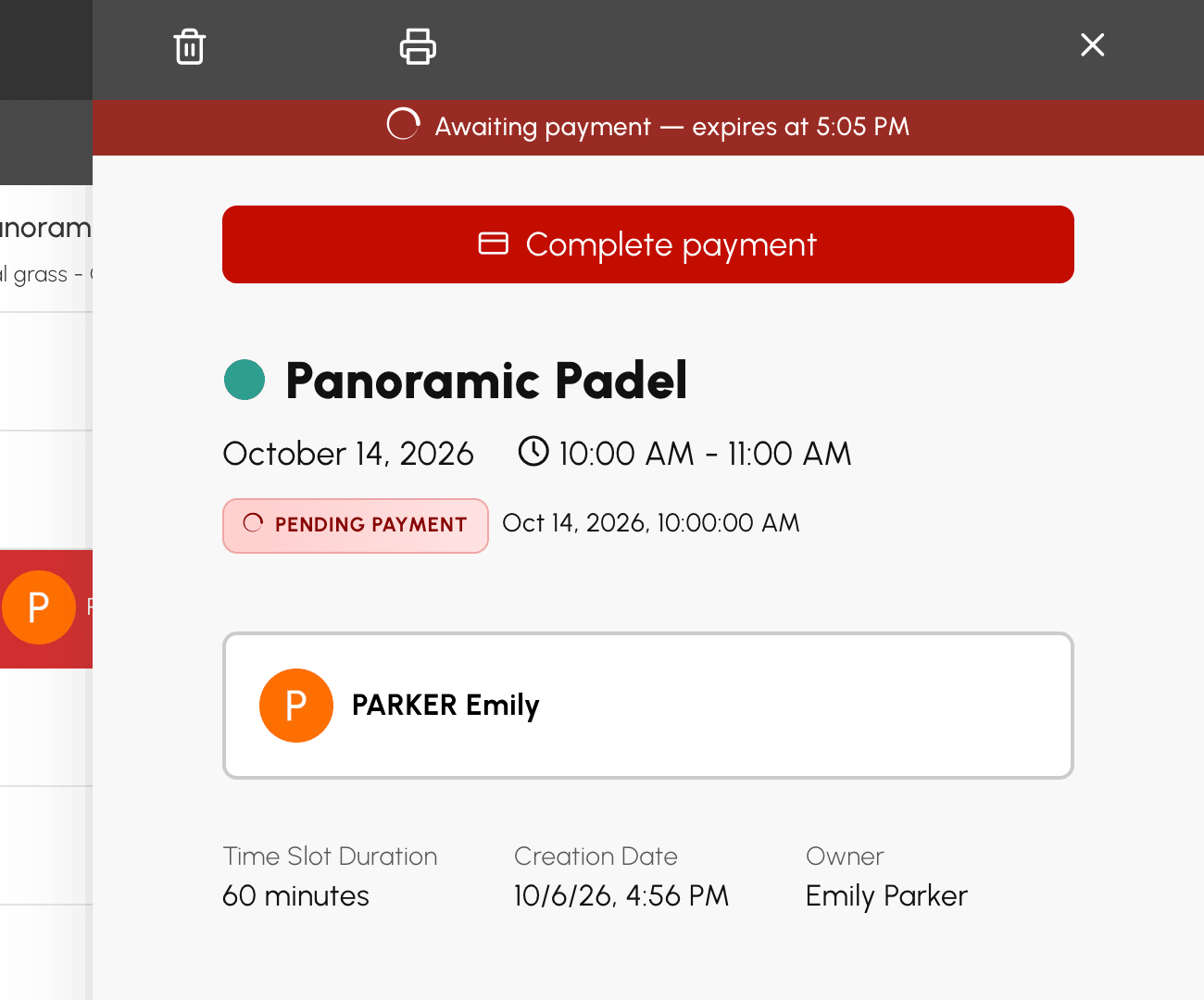 Panel of a booking awaiting payment: deadline and Complete payment button