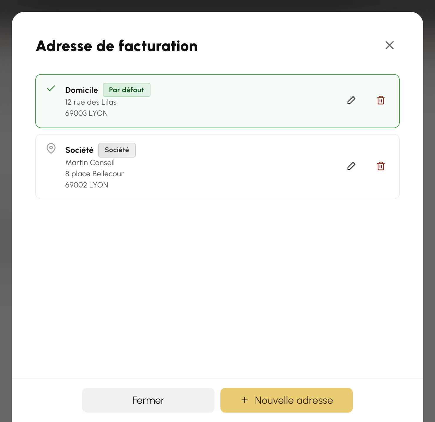 Choix de l'adresse de facturation d'une commande