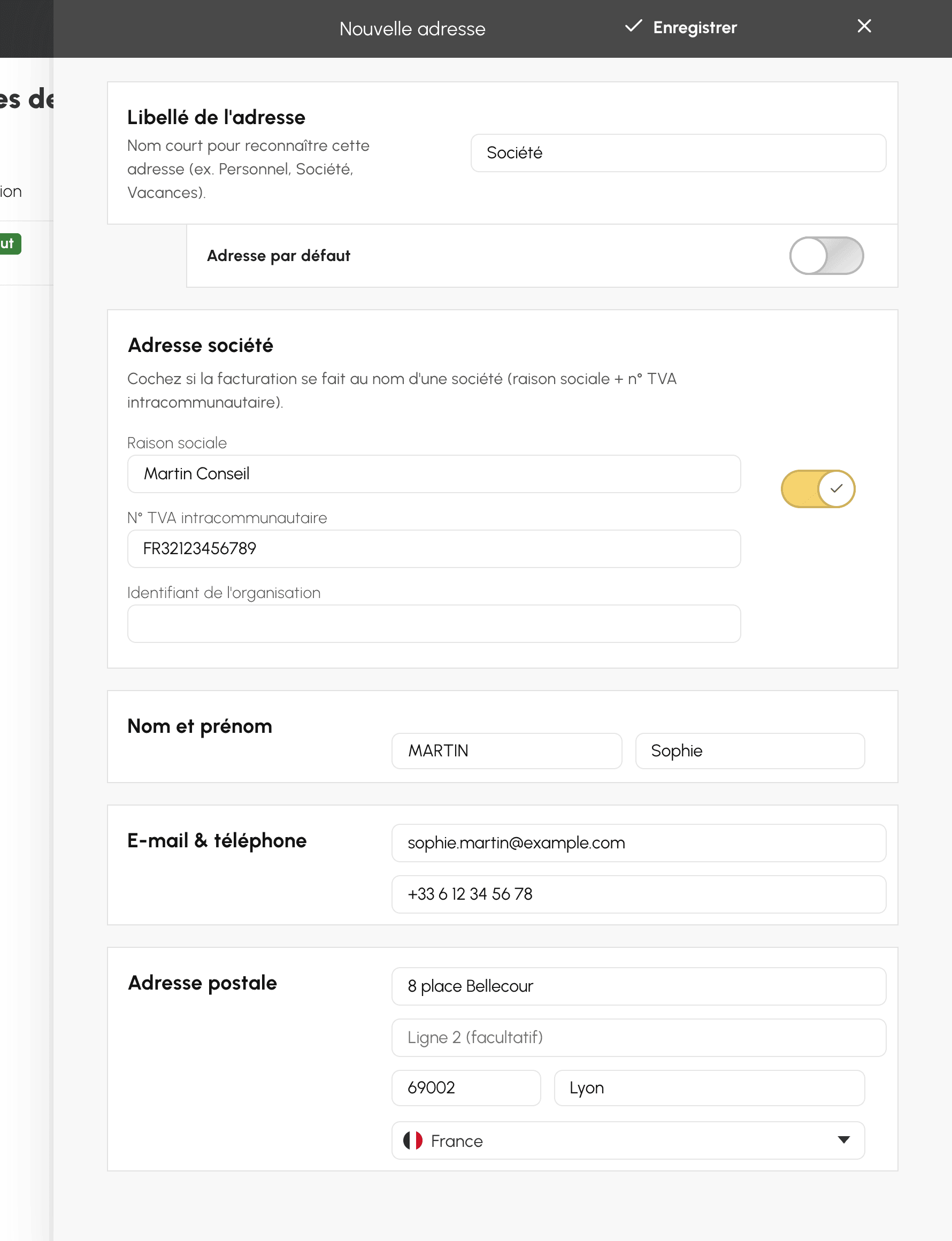 Nouvelle adresse de facturation au nom d'une société