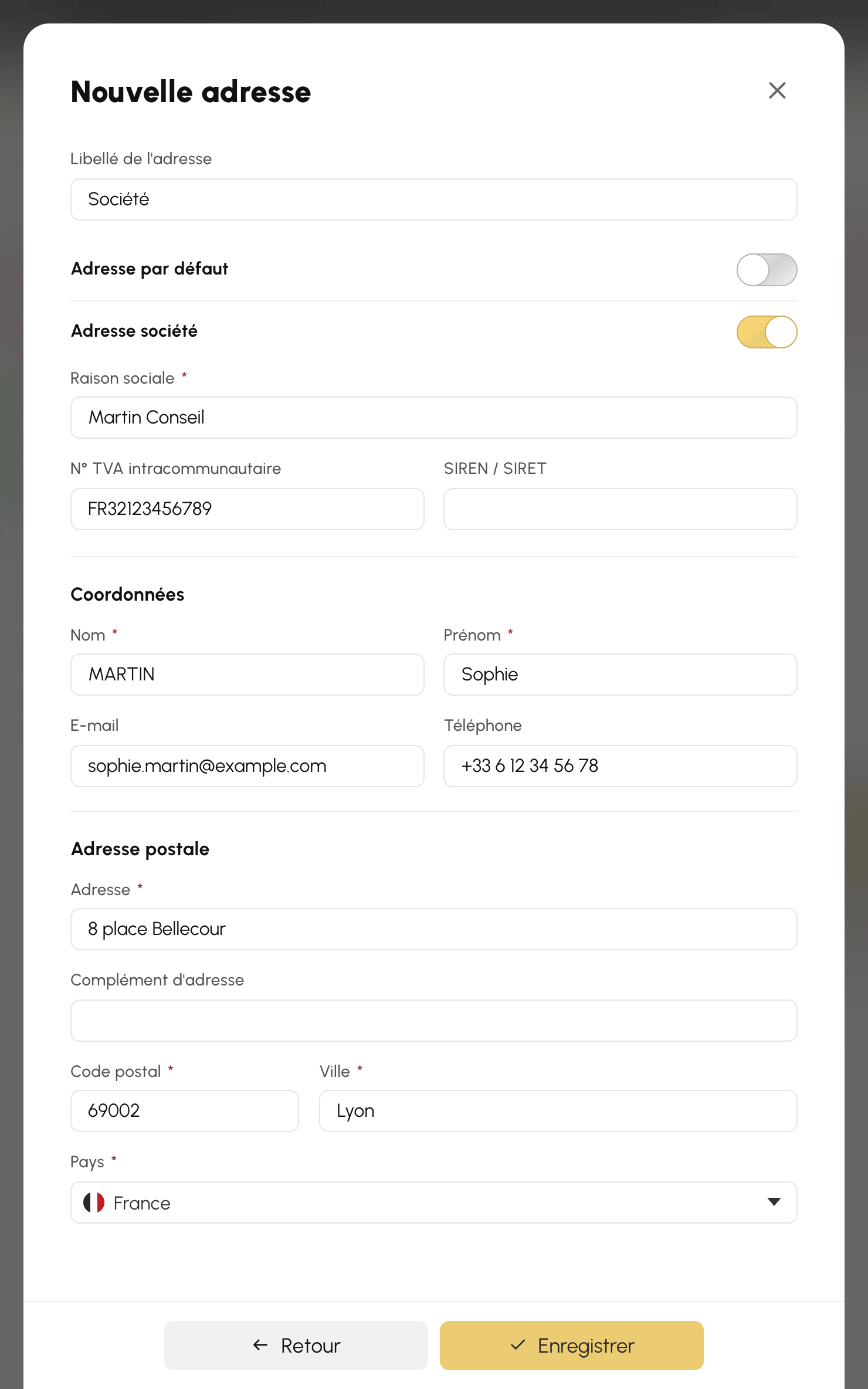 Nouvelle adresse de facturation au nom d'une société
