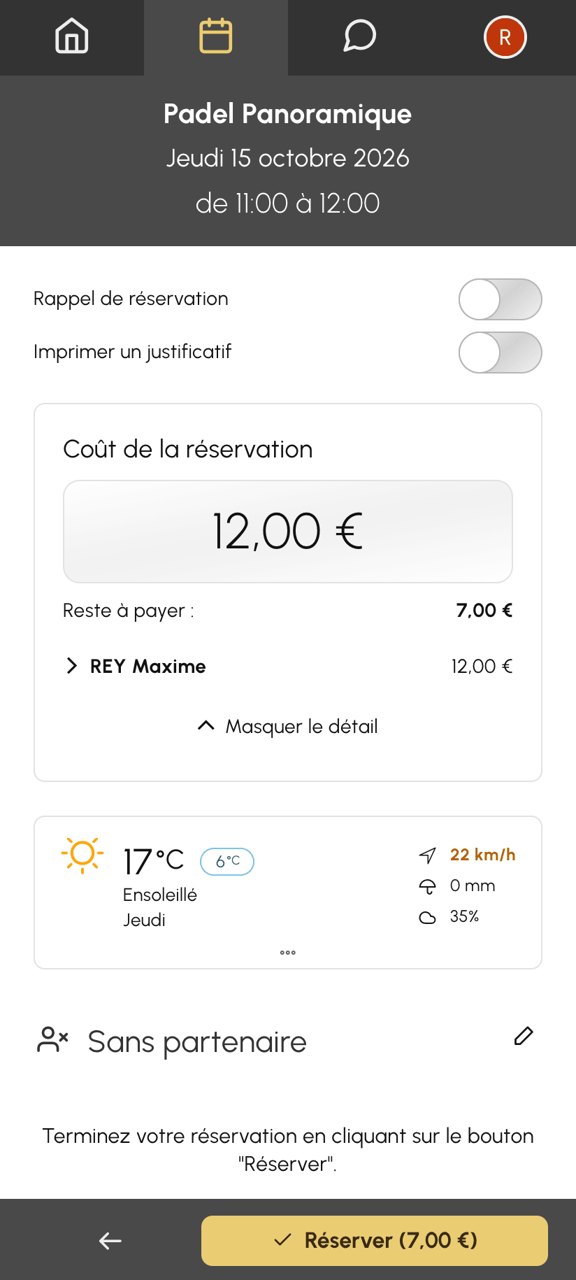 Formulaire de réservation : reste à payer dans le coût de la réservation et bouton Réserver avec le montant à payer