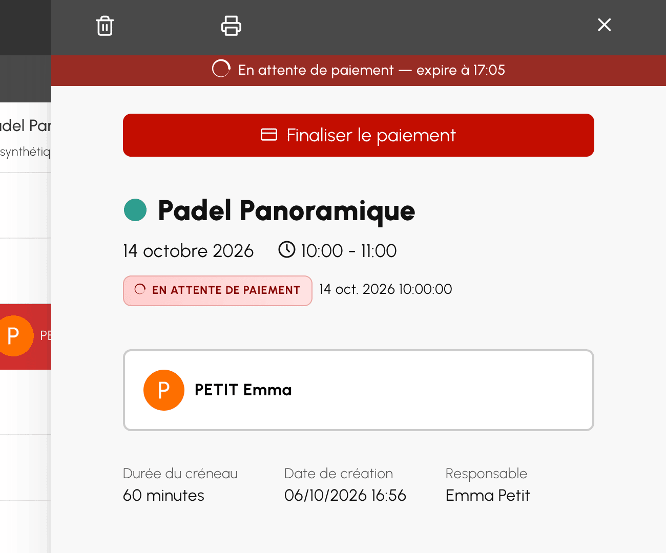 Panneau d'une réservation en attente de paiement : heure limite et bouton Finaliser le paiement